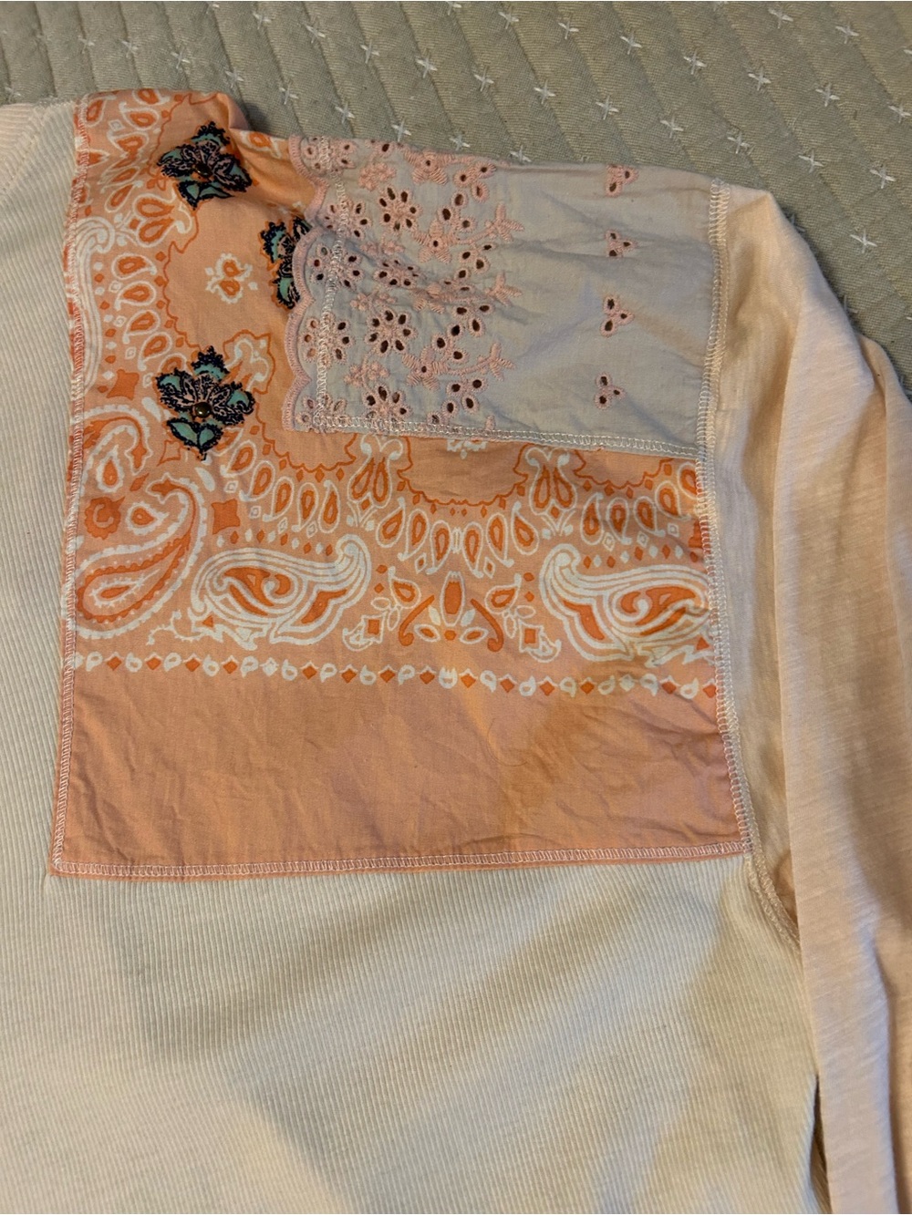 NWT Free People-We The Free “Feelin It” Peach & Ivory Patchwork Eyelet Top